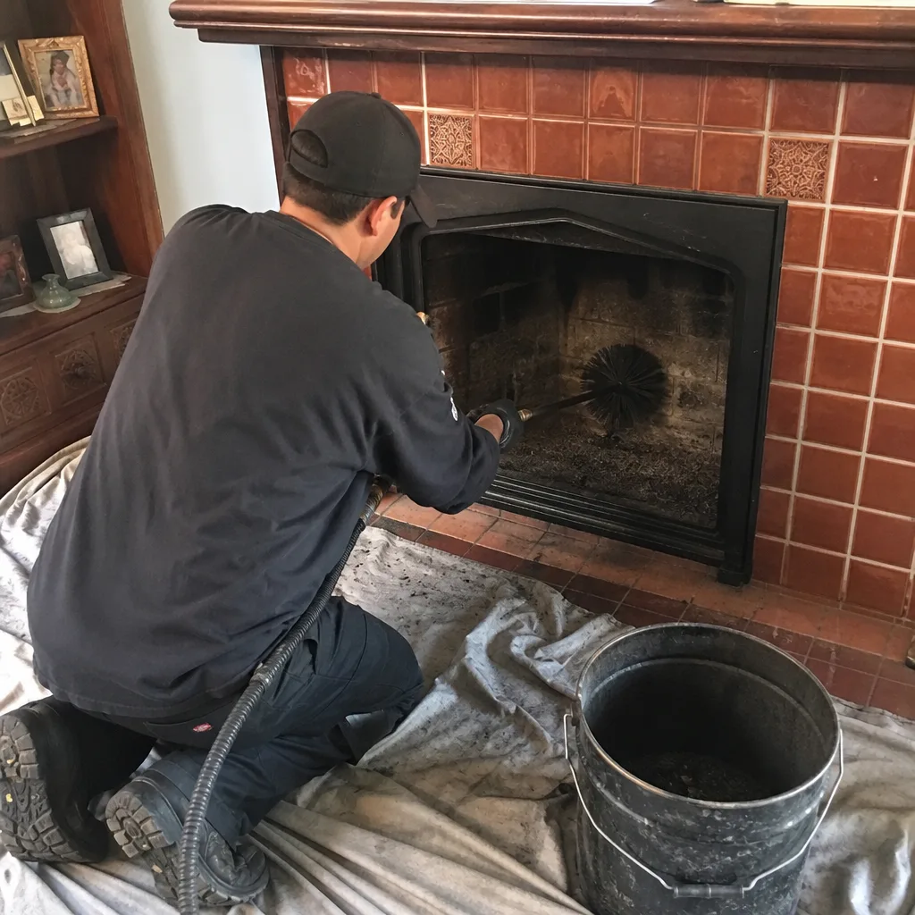Professional chimney sweep cleaning a brick fireplace with a brush tool