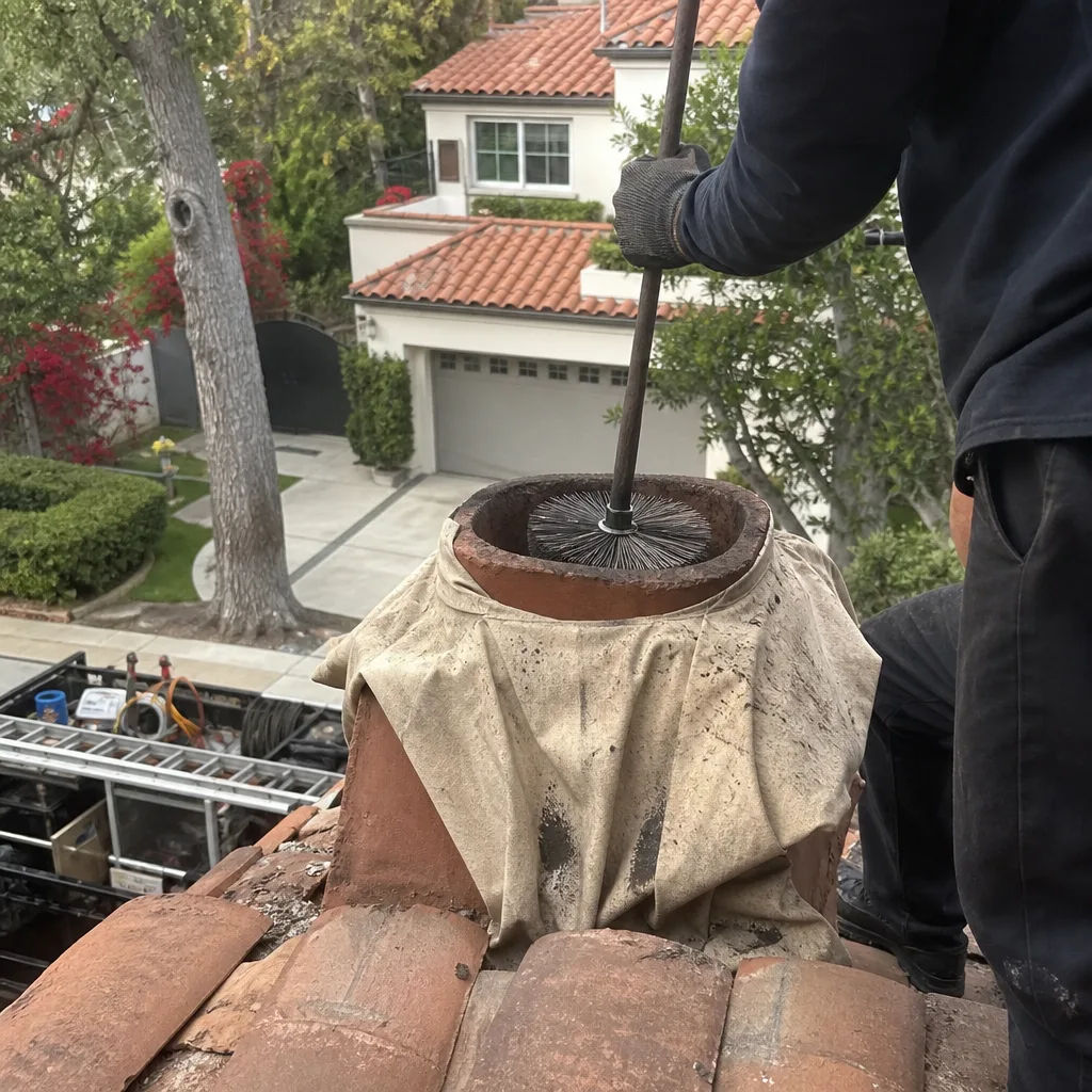 Professional chimney sweep cleaning a fireplace flue from the roof