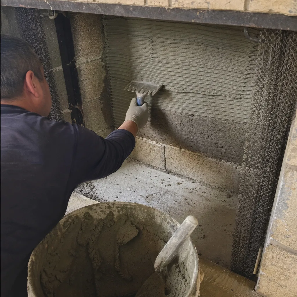 Worker applying mortar to a fireplace interior with a trowel.