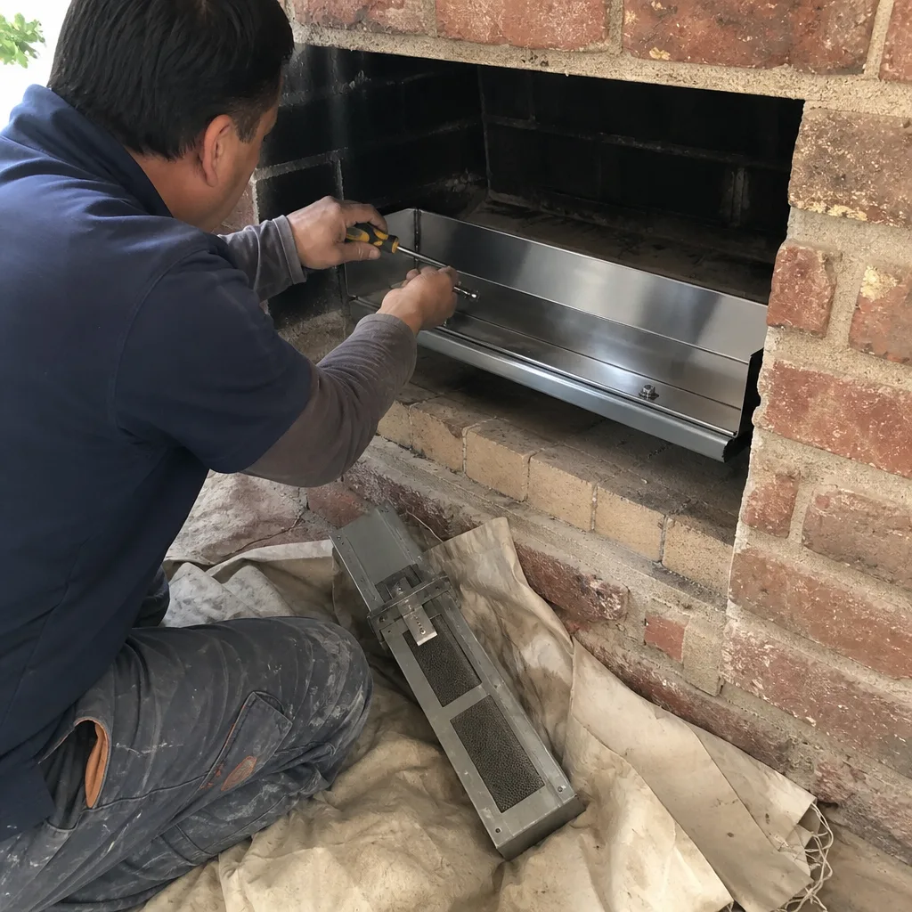 Technician performing professional fireplace installation and maintenance services